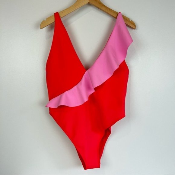 Asos river island frill assymetric swimsuit in neon barbie pink and coral - Picture 3 of 16